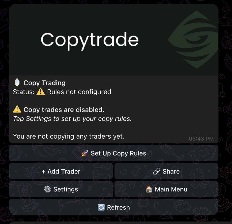 Copy Trade dashboard in Telegram with Rules not configured warning