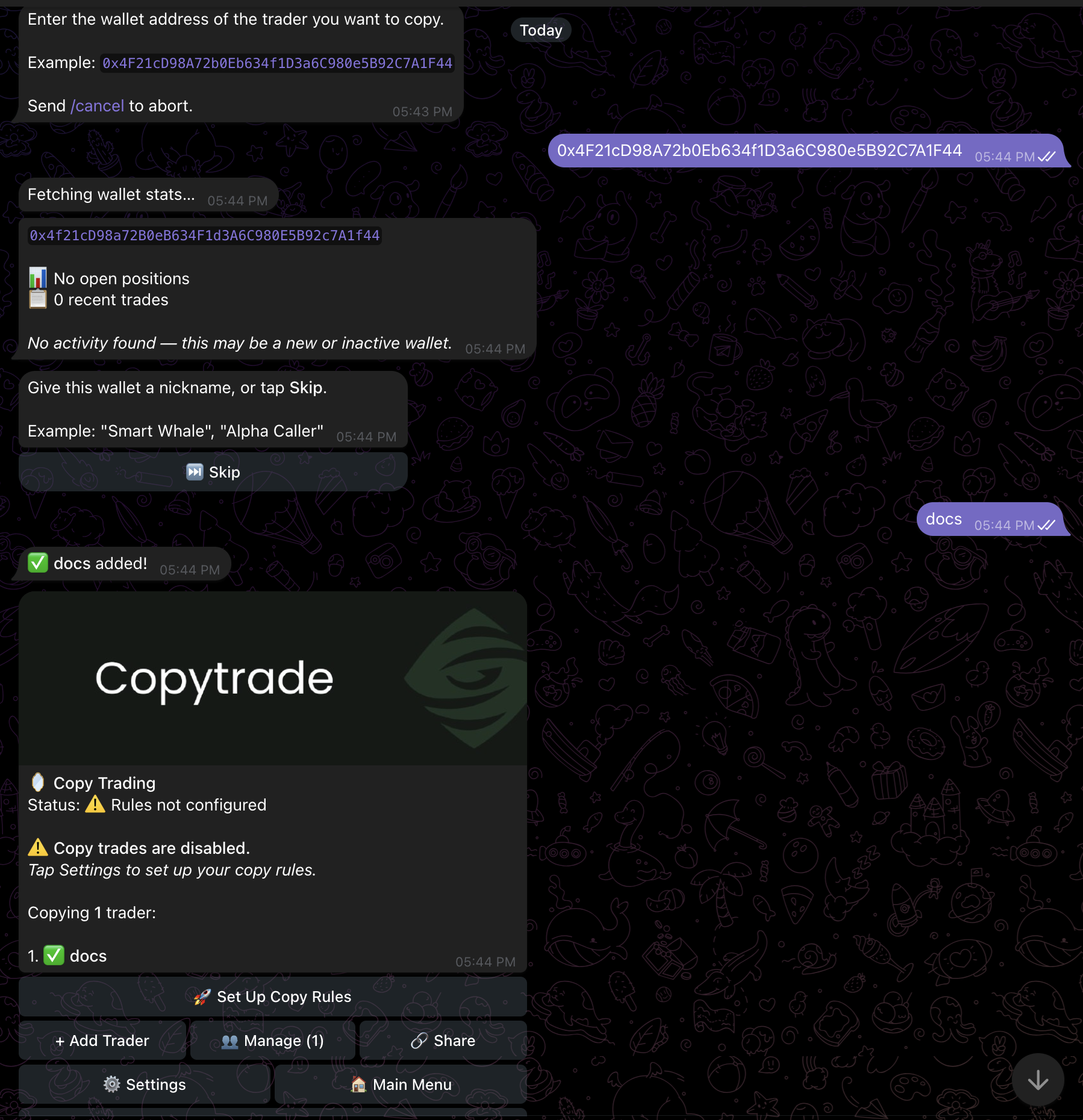 Telegram conversation showing the Add Trader flow — paste an address, the bot fetches stats, prompts for a nickname, then confirms the trader was added