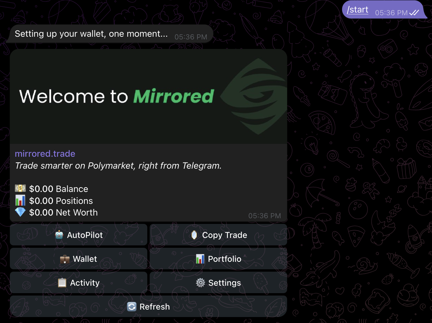 Mirrored welcome screen with main menu in Telegram